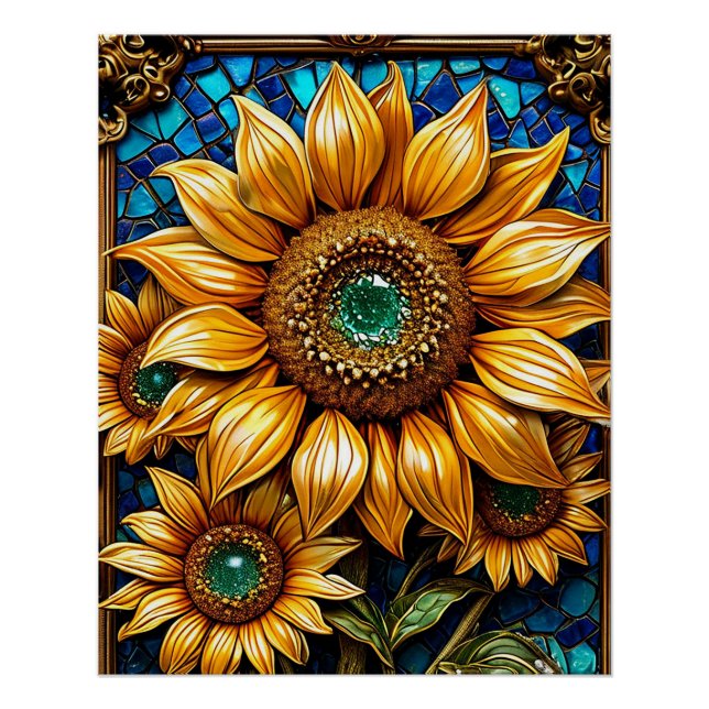 Póster Girassóis e Elementos de Moldura Decorativa (Frente)