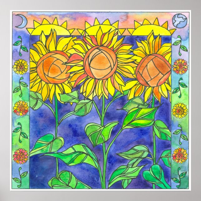 Póster Girassóis Flores de Aquarela Sol Lua (Frente)
