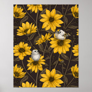 Poster Girassóis selvagens e aves douradas/ amarelas