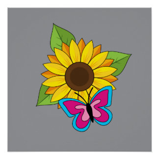 Póster Girassol Amarelo e Borboleta Azul Rosa