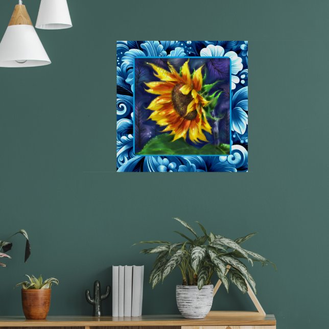Poster Girassol Azul Noturno Flor Verde Amarelo Floral (Sala de Estar 1)