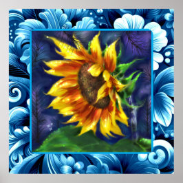 Poster Girassol Azul Noturno Flor Verde Amarelo Floral