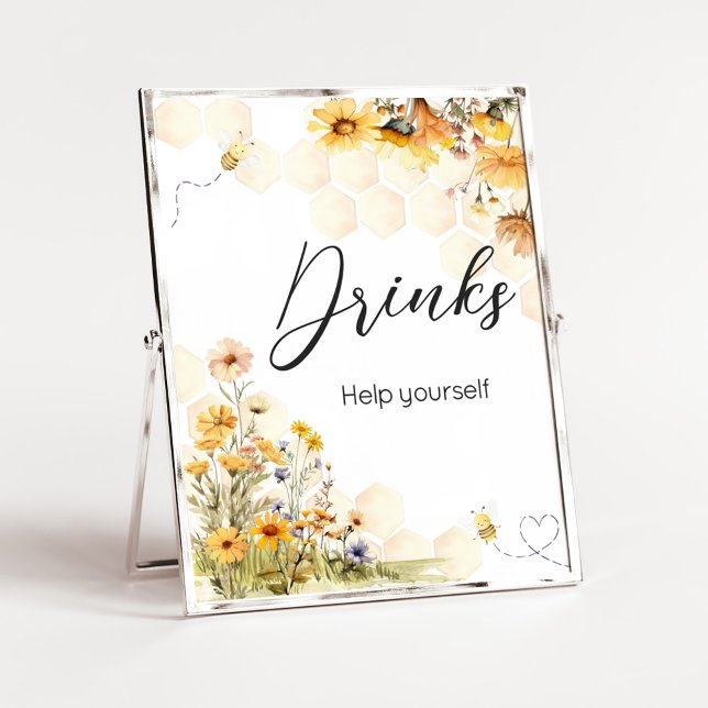 Poster Girassol Pequeno Chá de fraldas de Mel Bebidas (Sunflower Little Honey Baby Shower Drinks Sign)