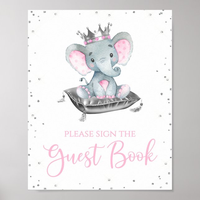Poster Girl Elephant Baby Shower Guest Book Table Sign (Frente)