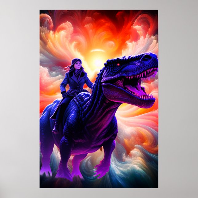 Poster Girl Riding Dinosaur for Adults + Kid's Wall Room (Frente)
