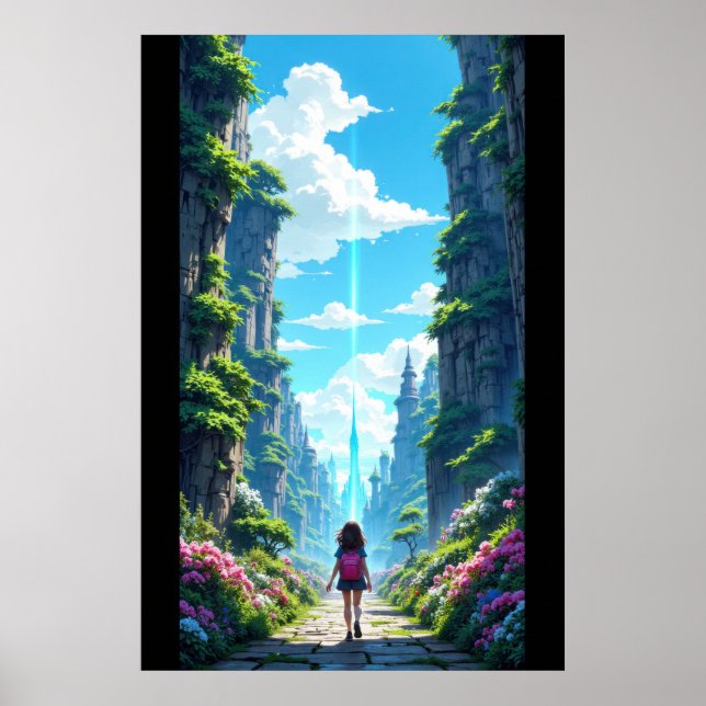 Poster Girl with backpack walking towards fantasy crystal (Frente)