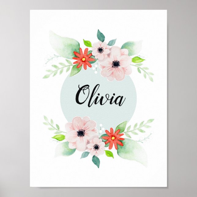 Poster Girls Cute Floral Watercolor Flowers e Name (Frente)