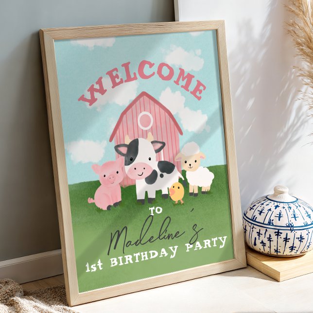 Poster Girls Pink Barnyard Animal 1st Birthday Welcome  (Criador carregado)