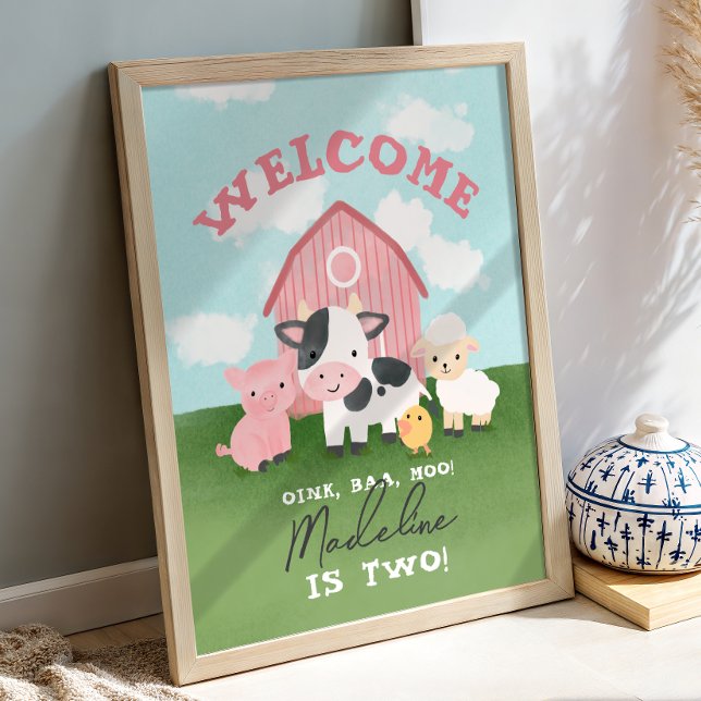 Poster Girls Pink Farm Animal 2nd Birthday Welcome  (Criador carregado)