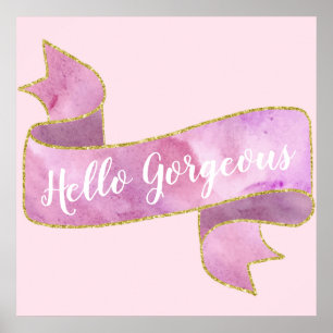 Poster Girly Bonito Rosa Beijo Olá Magnífico Laço Dourado