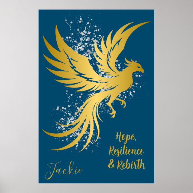 Poster Glam Dourado Phoenix Silver Glitter Monograma Azul (Frente)