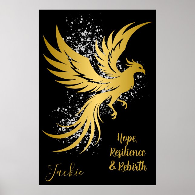 Poster Glam Dourado Phoenix Silver Glitter Monograma Pret (Frente)
