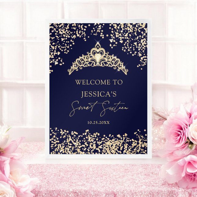 Poster Glam gold princesa azul tiara Sweet 16 Welcome (Glam gold blue princess tiara Sweet 16 Welcome Poster)