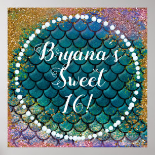 Poster Glam Smermaid Fish Scalle Teal Purple Dourado Spar