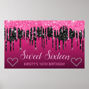 Poster Glamoroso Preto & Rosa Brilho Gotejante Sweet 16