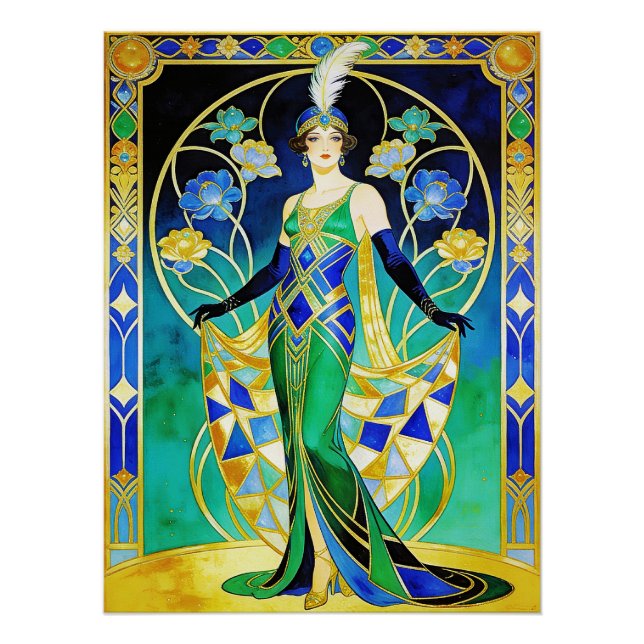 Póster Glamorous Art Deco Siren in Blue and Green Poster. (Frente)
