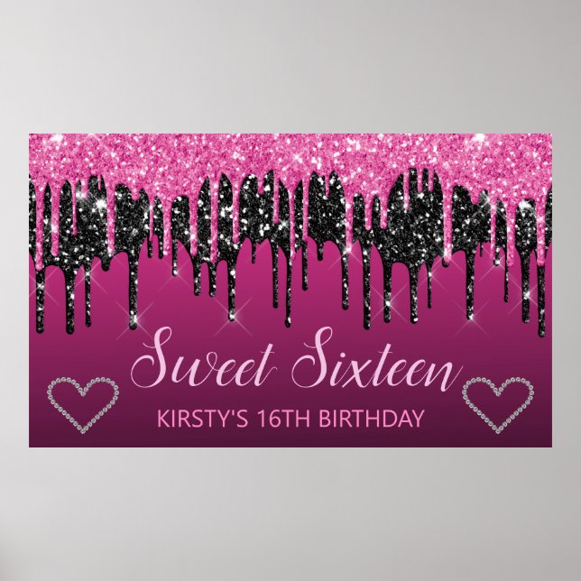 Poster Glamorous Black & Pink Driping Glitter Sweet 16 (Frente)