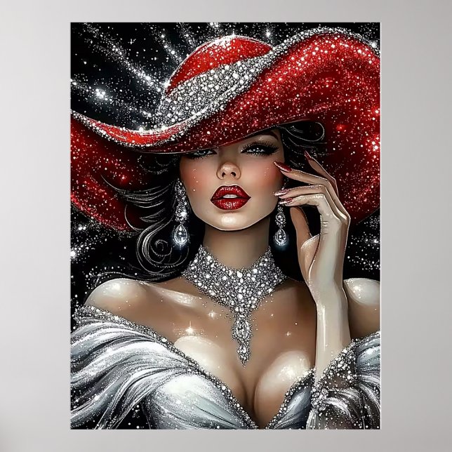 Poster Glamorous Sparkle Lady in Red Hat (Frente)