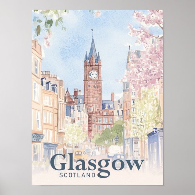 Poster Glasgow Scotland Watercolor Painting Viagem (Frente)