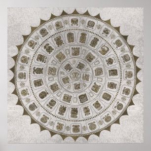 Poster Glifos do Calendário Maia textura dourada em pedra