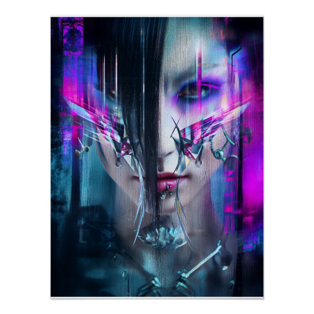 Póster Glitch Cyberpunk Face Neon Distortion Portrait (Frente)