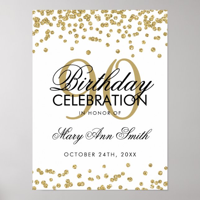 Poster Glitter Confetti de aniversário de 90 Dourado (Frente)