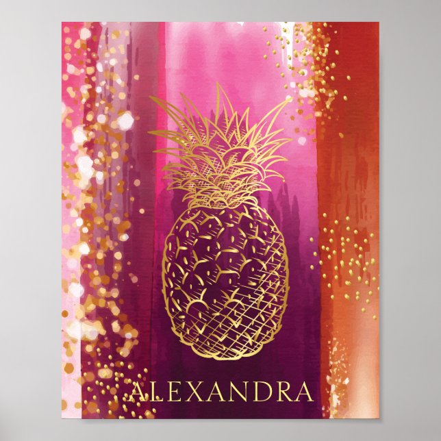Poster Glitter Dourado de abacaxi rosa personalizado (Frente)