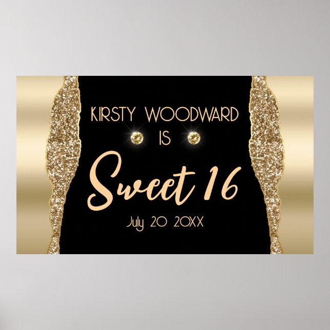 Poster Glitter Glam Edge Dourado e Diamantes Sweet 16 (Frente)