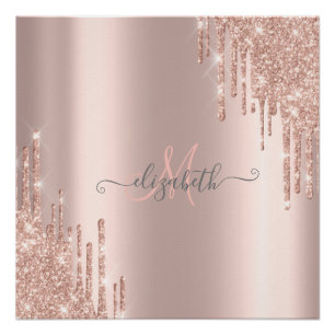 Póster Glitter Moderno Coloca Rosa Monograma Dourado