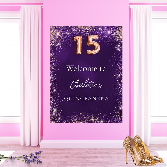 Poster Glitter roxo de Quinceanera brilha bem vindos (Criador carregado)