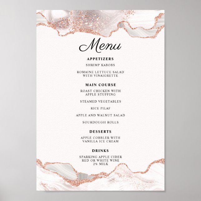 Poster Glittery Rose Gold Branco Ágata 2 Borda Menu A4 (Frente)