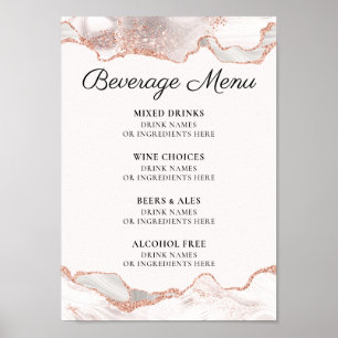 Poster Glittery Rose Gold Branco Agate Menu de Bebidas A4