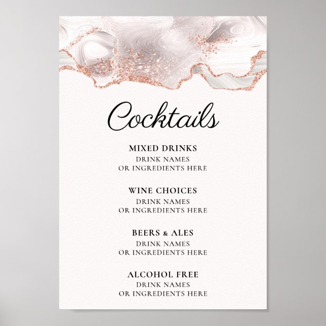 Poster Glittery Rose Gold Branco Menu de Coquetel A4 (Frente)