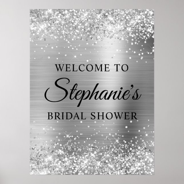 Poster Glittery Silver Faux Foil Bridal Shower Welcome (Frente)