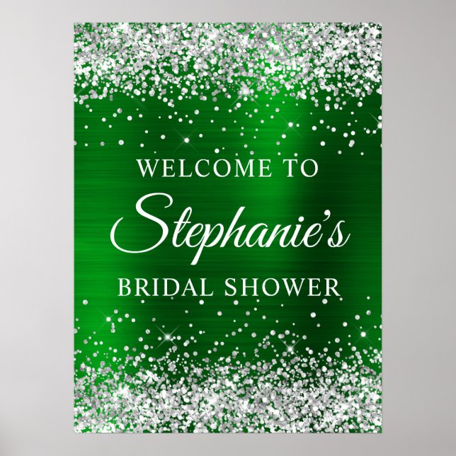 Poster Glittery Silver Green Foil Bridal Shower Welcome (Frente)