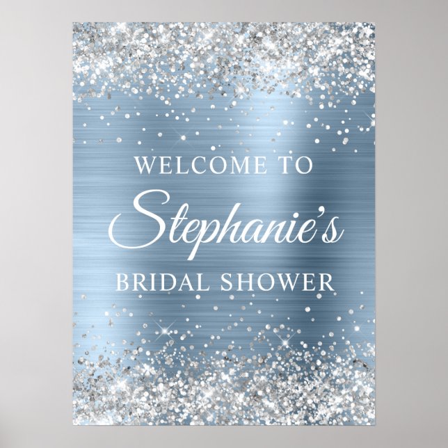 Poster Glittery Silver Light Blue Foil Bridal Shower (Frente)