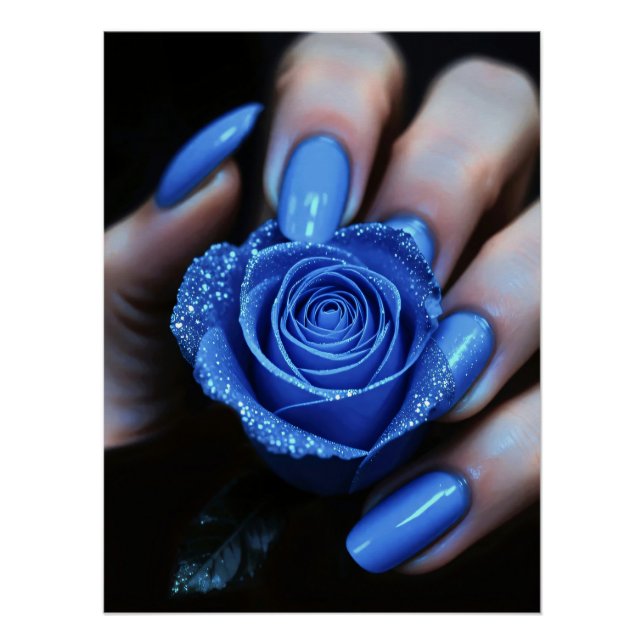 Póster Glitzernde Blaue Rose mit Passenden Nägeln (Frente)