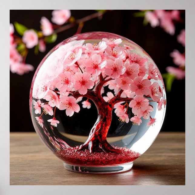 Poster Globo Cativante Com Árvore de Cerejeira em Flor (Frente)