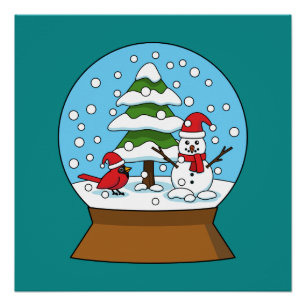 Póster Globo de Neve com Cardeal Snowman e Pine Tree