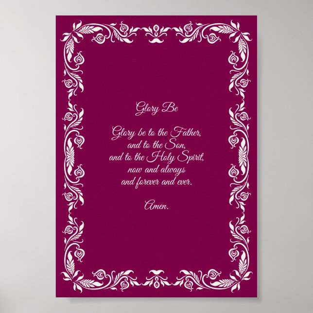 Poster Glory Be Prayer Ivory White Botanicals on Burgundy (Frente)