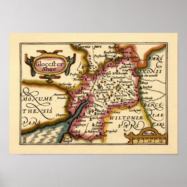 Póster Gloucestershire County England Antigo Mapa Antiquá (Frente)