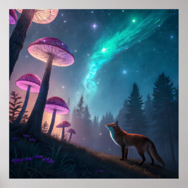 Poster Glowing Mushroom Forest Fox Fantasy Art