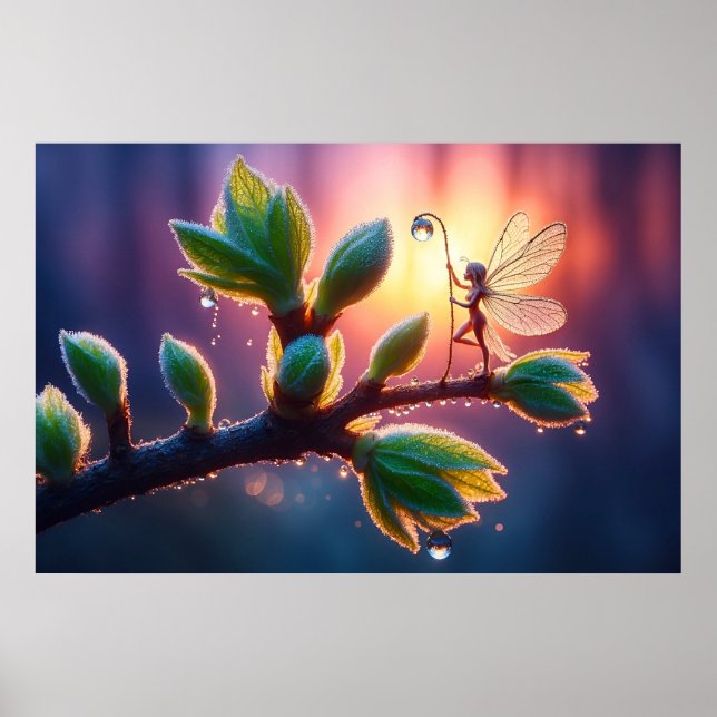 Poster Glowing sunrise background with winged creature (Frente)