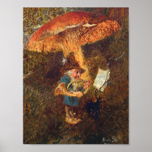 Poster Gnome alemão Vintage jogando chifre sob um banhei