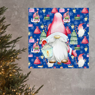 Poster Gnome do Papai Noel de Natal & Fundo de Padrão Azu