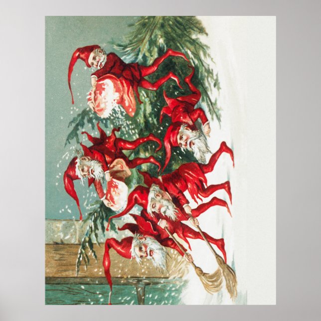 Poster Gnomes sweeping snow with a broom (Frente)