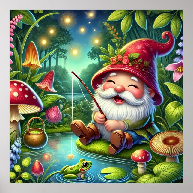 Poster Gnomo Caprichoso Pescando num Bosque Mágico (Frente)