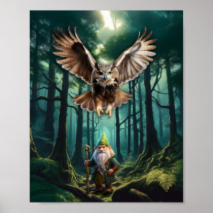 Poster Gnomo da Floresta com seu Guardião Coruja de Chifr
