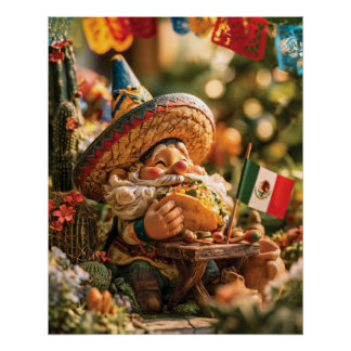 Póster Gnomo Mexicano Usando Um Sombrero Comendo Um Taco
