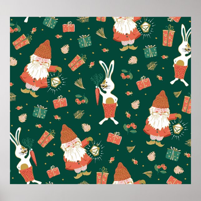 Poster Gnomos de Natal, Padrão de Feriado Bunny. (Frente)